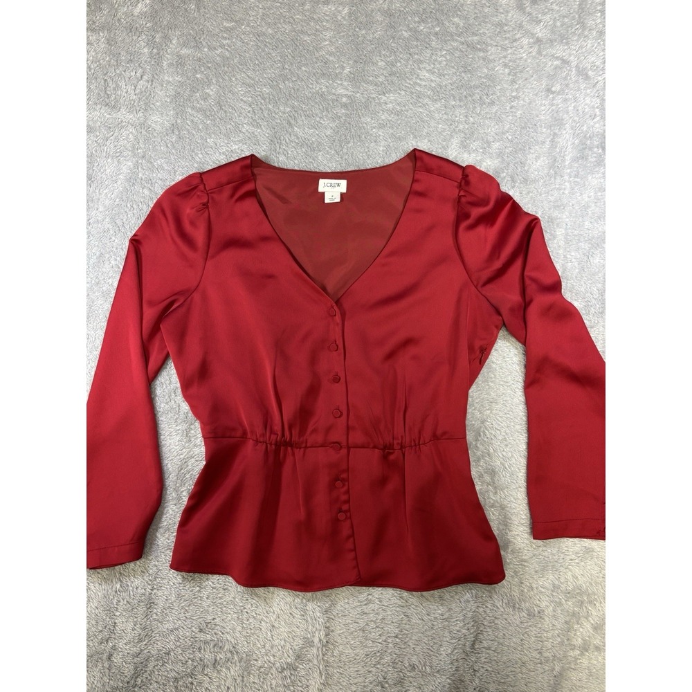 J Crew Top Womens 2 Red Crepe Button Front V-Neck Ruched Waist Satin Lined